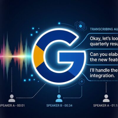 Gemini 3.5 Transcribe API launch illustration showing audio waveforms converting to formatted text with speaker diarization