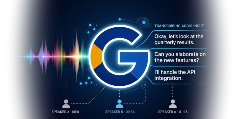 Gemini 3.5 Transcribe API launch illustration showing audio waveforms converting to formatted text with speaker diarization