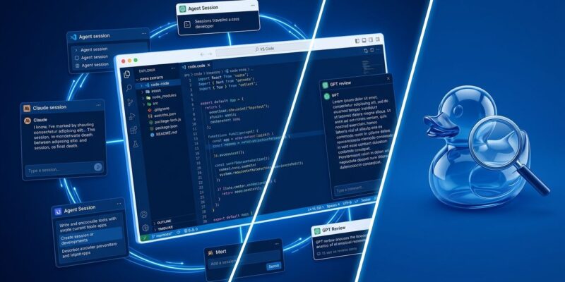 VS Code 1.135 editor interface showing agent sessions panel and Rubber Duck AI reviewer with cross-app session continuity