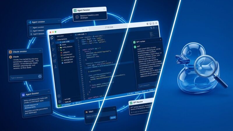 VS Code 1.135 editor interface showing agent sessions panel and Rubber Duck AI reviewer with cross-app session continuity