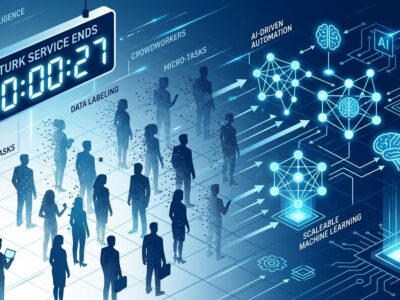 AWS Mechanical Turk platform shutting down September 30 2026 — human workers replaced by AI icons on a digital marketplace