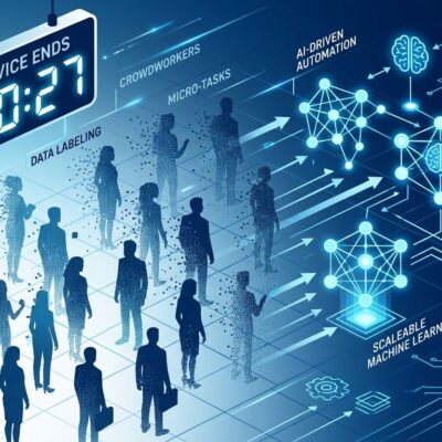 AWS Mechanical Turk platform shutting down September 30 2026 — human workers replaced by AI icons on a digital marketplace