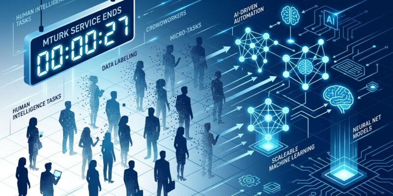 AWS Mechanical Turk platform shutting down September 30 2026 — human workers replaced by AI icons on a digital marketplace