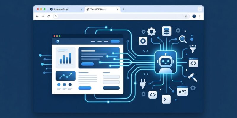 Browser window with glowing blue connection lines showing WebMCP AI agent calling website tools directly in Chrome 149