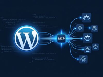WordPress logo connected via MCP data streams to AI agent icons, representing the WordPress 7.1 Abilities API integration