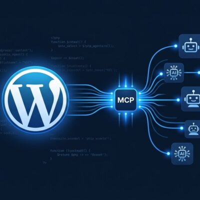 WordPress logo connected via MCP data streams to AI agent icons, representing the WordPress 7.1 Abilities API integration