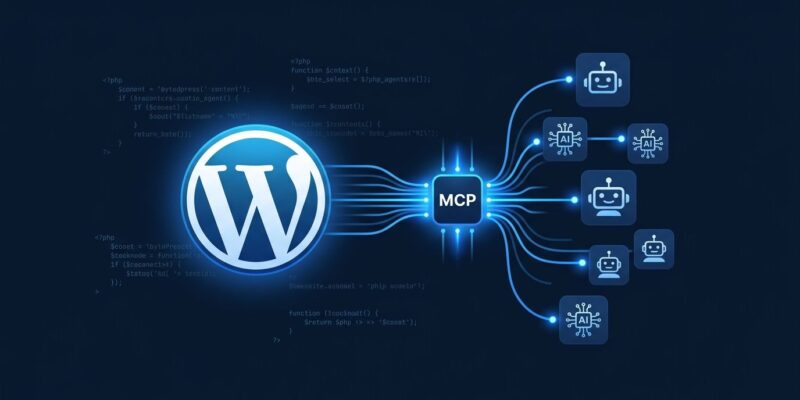 WordPress logo connected via MCP data streams to AI agent icons, representing the WordPress 7.1 Abilities API integration