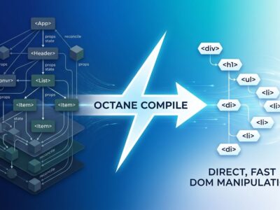 Abstract gradient showing compiled code transformation from virtual DOM tree to direct DOM elements, representing Octane JavaScript framework