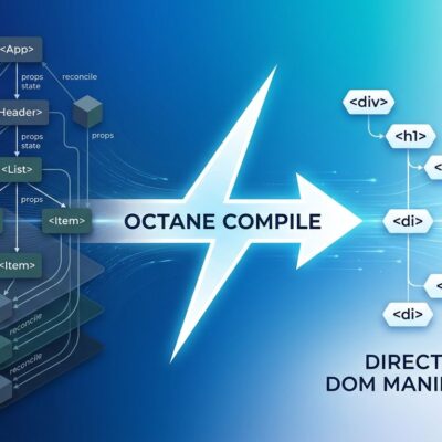Abstract gradient showing compiled code transformation from virtual DOM tree to direct DOM elements, representing Octane JavaScript framework