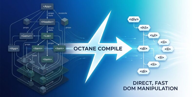 Abstract gradient showing compiled code transformation from virtual DOM tree to direct DOM elements, representing Octane JavaScript framework