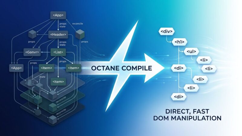 Abstract gradient showing compiled code transformation from virtual DOM tree to direct DOM elements, representing Octane JavaScript framework