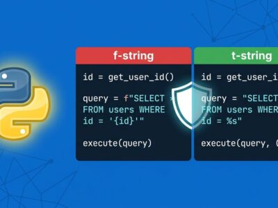 Python t-string vs f-string code comparison showing SQL injection prevention