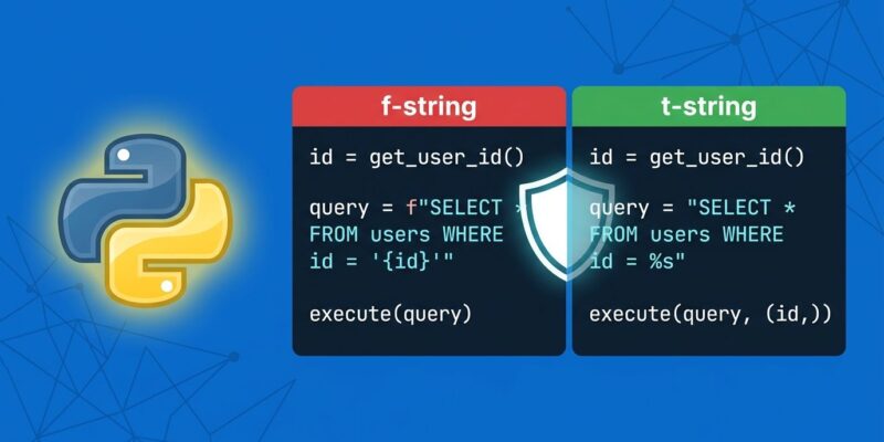 Python t-string vs f-string code comparison showing SQL injection prevention
