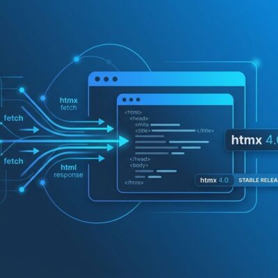 HTMX 4.0 stable release showing Fetch API streaming HTML fragments into a browser with blue tech design