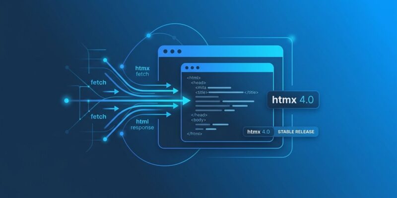 HTMX 4.0 stable release showing Fetch API streaming HTML fragments into a browser with blue tech design