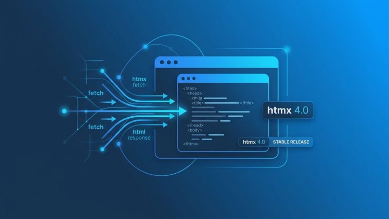HTMX 4.0 stable release showing Fetch API streaming HTML fragments into a browser with blue tech design