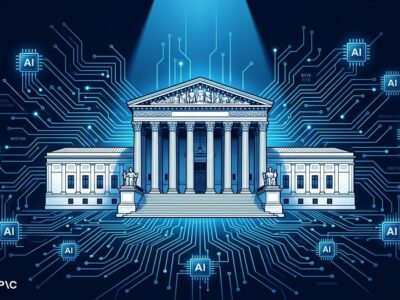 Federal courthouse with blue digital circuit overlay representing the Pentagon Anthropic ruling on AI safety guardrails