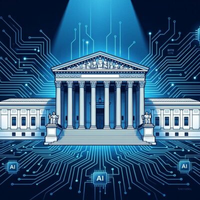 Federal courthouse with blue digital circuit overlay representing the Pentagon Anthropic ruling on AI safety guardrails