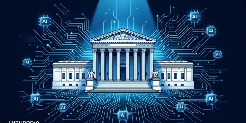 Federal courthouse with blue digital circuit overlay representing the Pentagon Anthropic ruling on AI safety guardrails