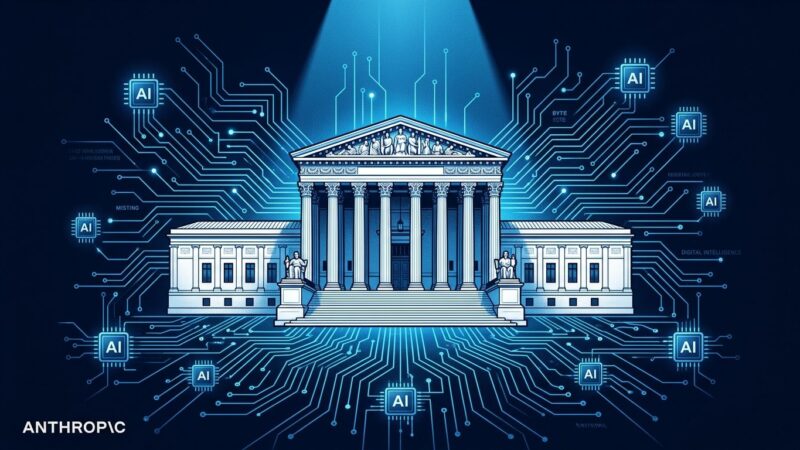Federal courthouse with blue digital circuit overlay representing the Pentagon Anthropic ruling on AI safety guardrails