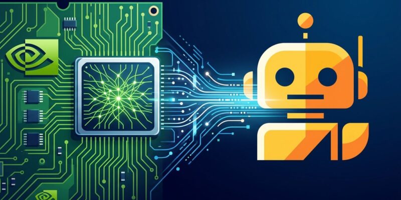 Nvidia GPU chip and Hugging Face logo connected by data streams representing the 12.9 billion dollar acquisition