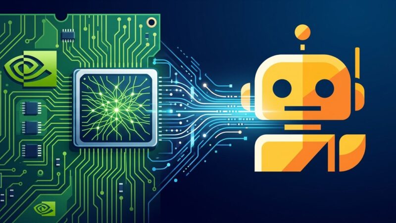 Nvidia GPU chip and Hugging Face logo connected by data streams representing the 12.9 billion dollar acquisition