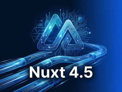 Nuxt 4.5 feature image showing data streaming pipelines and Vue.js logo on dark blue background