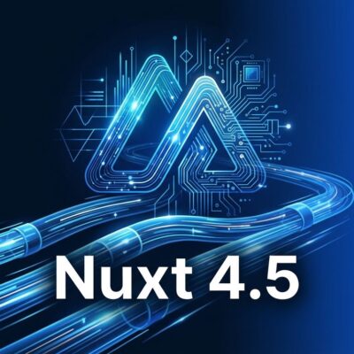Nuxt 4.5 feature image showing data streaming pipelines and Vue.js logo on dark blue background