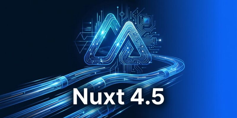 Nuxt 4.5 feature image showing data streaming pipelines and Vue.js logo on dark blue background