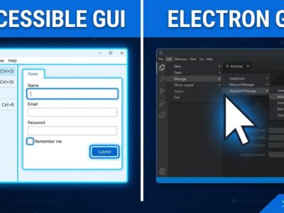 Split-screen comparison showing keyboard-accessible GUI with focus indicators on the left versus a typical Electron app with nested menus and no keyboard affordances on the right