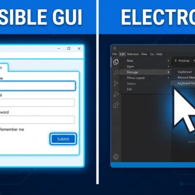 Split-screen comparison showing keyboard-accessible GUI with focus indicators on the left versus a typical Electron app with nested menus and no keyboard affordances on the right