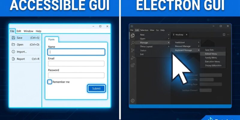Split-screen comparison showing keyboard-accessible GUI with focus indicators on the left versus a typical Electron app with nested menus and no keyboard affordances on the right