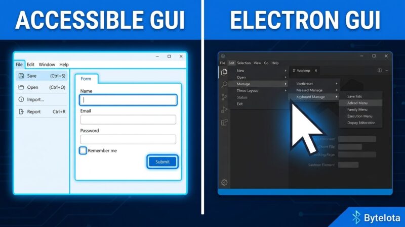 Split-screen comparison showing keyboard-accessible GUI with focus indicators on the left versus a typical Electron app with nested menus and no keyboard affordances on the right
