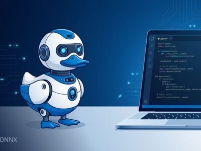 Hugging Face Microduck - a 99 open-source biped robot with reinforcement learning training stack sitting next to a laptop showing AI code