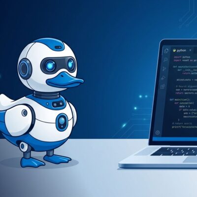 Hugging Face Microduck - a 99 open-source biped robot with reinforcement learning training stack sitting next to a laptop showing AI code