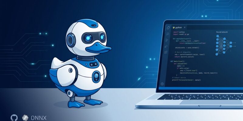 Hugging Face Microduck - a 99 open-source biped robot with reinforcement learning training stack sitting next to a laptop showing AI code