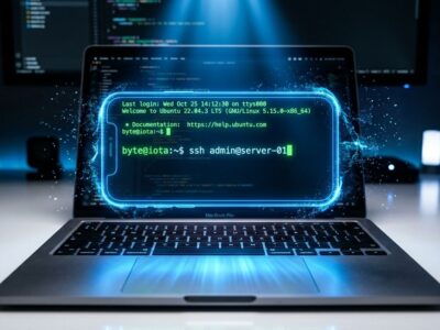 iPhone hologram floating above MacBook keyboard with terminal SSH prompt - vphone-cli virtual iPhone visualization
