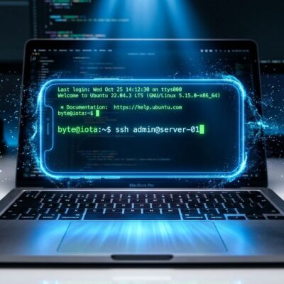 iPhone hologram floating above MacBook keyboard with terminal SSH prompt - vphone-cli virtual iPhone visualization