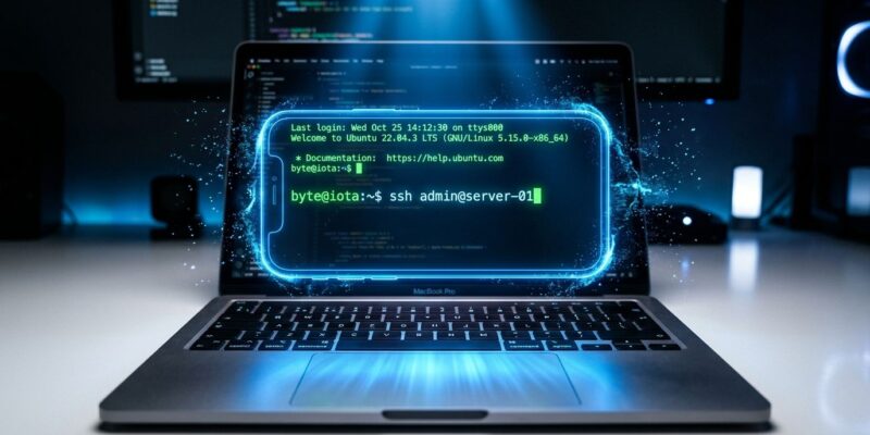 iPhone hologram floating above MacBook keyboard with terminal SSH prompt - vphone-cli virtual iPhone visualization