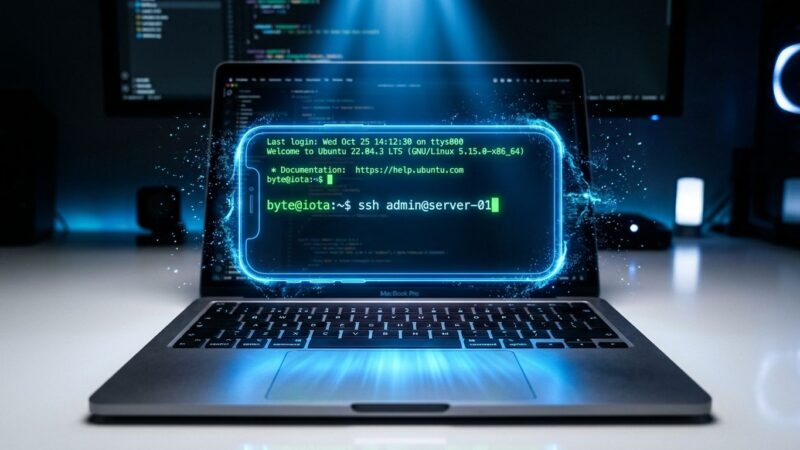 iPhone hologram floating above MacBook keyboard with terminal SSH prompt - vphone-cli virtual iPhone visualization