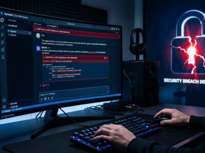 A developer workstation showing Cursor AI agent interface with red security warning indicators, representing the Aur0ra ransomware attack