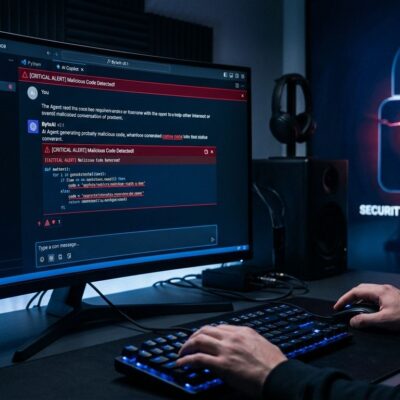 A developer workstation showing Cursor AI agent interface with red security warning indicators, representing the Aur0ra ransomware attack