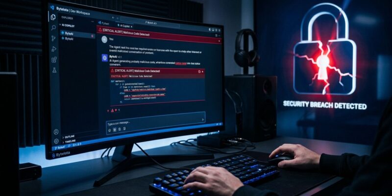 A developer workstation showing Cursor AI agent interface with red security warning indicators, representing the Aur0ra ransomware attack