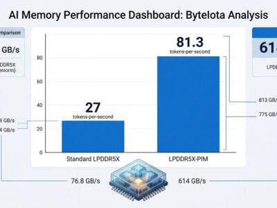 Data visualization showing Samsung LPDDR5X-PIM performance vs standard LPDDR5X memory, with 3x AI inference throughput improvement at Hot Chips 2026