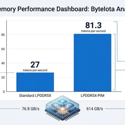 Data visualization showing Samsung LPDDR5X-PIM performance vs standard LPDDR5X memory, with 3x AI inference throughput improvement at Hot Chips 2026