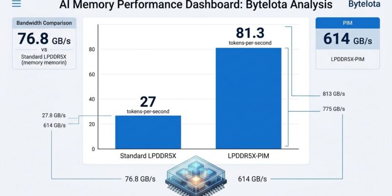 Data visualization showing Samsung LPDDR5X-PIM performance vs standard LPDDR5X memory, with 3x AI inference throughput improvement at Hot Chips 2026