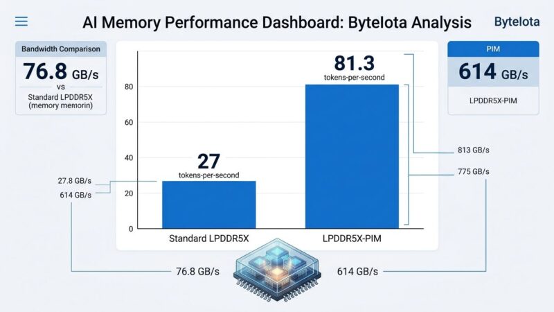 Data visualization showing Samsung LPDDR5X-PIM performance vs standard LPDDR5X memory, with 3x AI inference throughput improvement at Hot Chips 2026