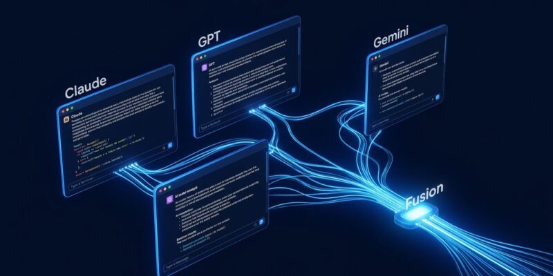 OpenChamber agentic dev environment showing multiple AI model sessions running in parallel with Fusion merging results