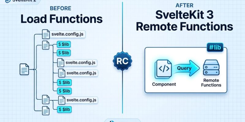 Split-screen diagram showing SvelteKit 2 load functions on the left and SvelteKit 3 remote functions on the right, illustrating the architectural shift in SvelteKit 3 RC