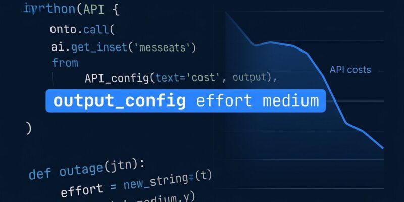 Python code snippet showing Claude Opus 5 effort parameter with output_config effort medium, illustrating API cost optimization routing strategy
